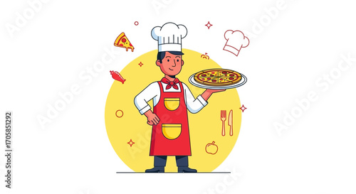 Cheerful Chef Presenting a Delicious Pizza Dish Against a Bright Yellow Backdrop