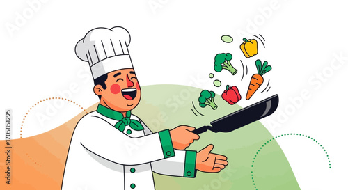 Cheerful Chef Preparing Fresh Vegetables in a Pan, Cooking and Culinary Concept