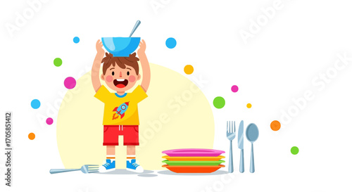 Cheerful Child Balancing A Bowl While Surrounded By Colorful Plates and Cutlery