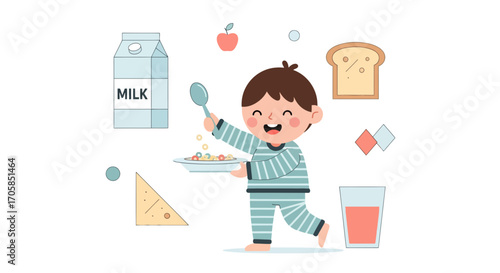 Cheerful Child Enjoying A Healthy Breakfast With Cereals, Milk, And Juice