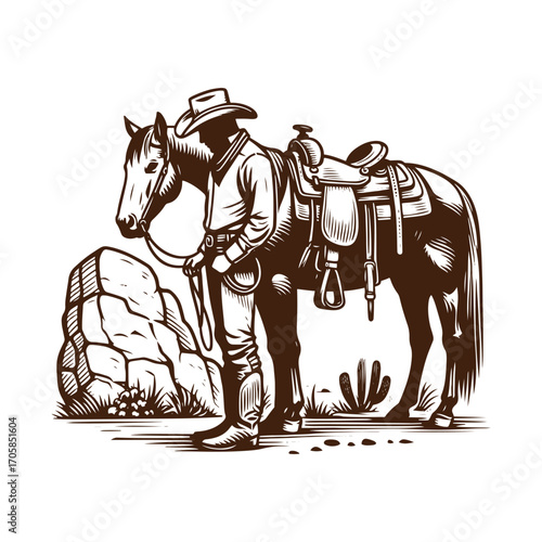 Classic Cowboy & Saddled Horse: Vintage Western Engraving Art