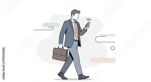 Business Professional Engaging Mobile Device While Commuting with Briefcase for Career.