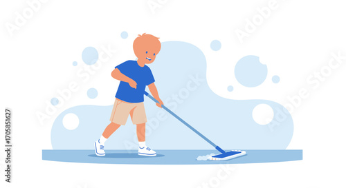 Cheerful Child Mopping Floor Illustration Depicting Hygiene and Responsibility in a Home Setting