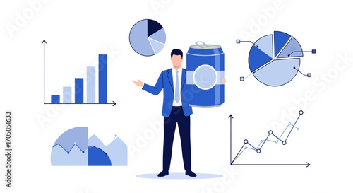 Business Professional Holding Soda Can with Data Visualization and Statistical Analysis