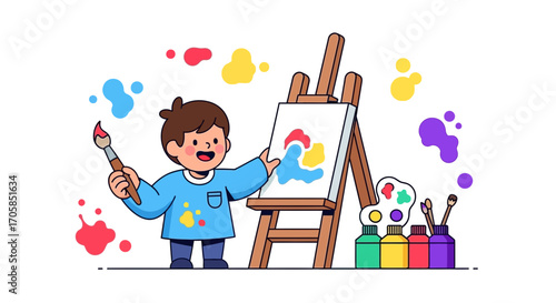 Cheerful Child Painting on Canvas with Paintbrush and Colorful Paint Splatters