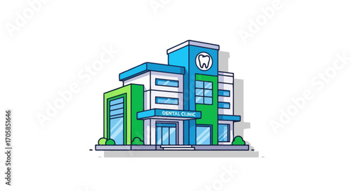 Modern Cartoon Dental Clinic Building with Tooth Icon Illustration.