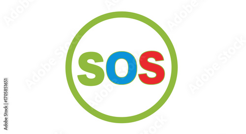 Colorful SOS distress signal icon with green blue and red letters inside a green circle.