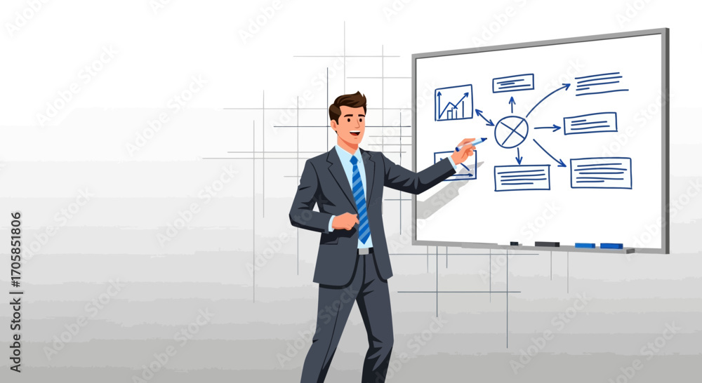 Fototapeta premium Business Professional Presenting Strategic Planning on a Whiteboard Illustrative Graphics