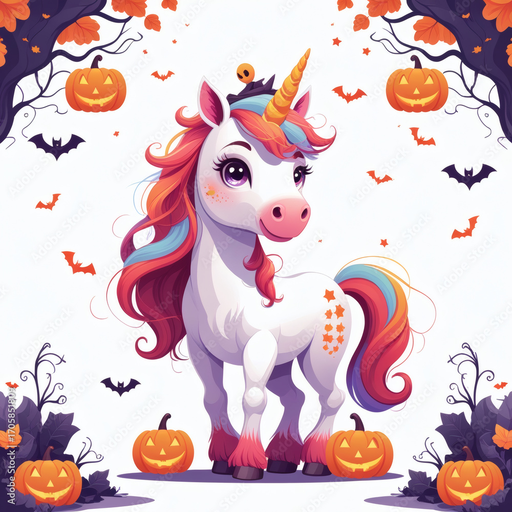 Naklejka premium Colorful unicorn with festive decorations in a whimsical autumn setting filled with pumpkins and bats