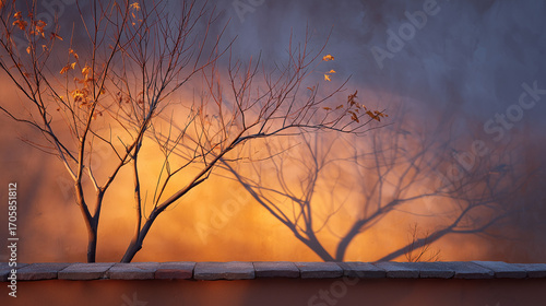 Shadows of bare trees against a warm wall in the concept of Autumn  