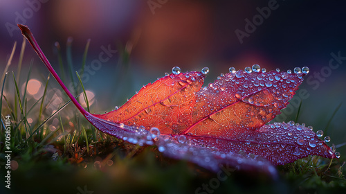 Macro shot of a single red leaf covered in droplets on grass - Concept of Autumn  