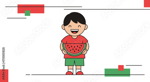 Cheerful Child Showing A Watermelon Slice Enjoying The Refreshing Summer Fruit
