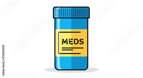 Blue Medicine Bottle with MEDS Label Vector Illustration.