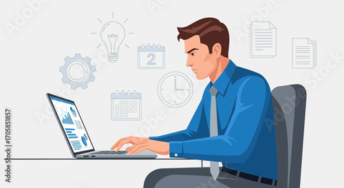 Businessman Analyzing Data On Laptop Achieving Success With Planning and Strategy