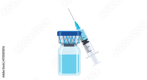 Medical syringe and vial with blue liquid for vaccination or treatment.