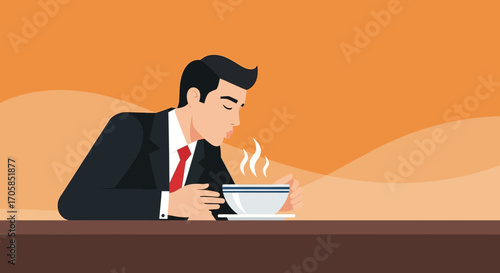 Businessman Appreciating Delicious Soup, Warmth and Comfort, Aroma of a Meal