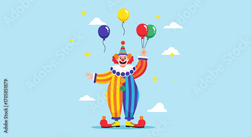 Cheerful Clown Holding Colorful Balloons Against a Soft Blue Sky Background