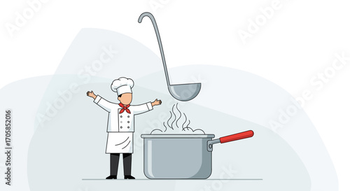 Cheerful Cook Celebrating Success, Overjoyed Chef with Pot and Ladle Preparing Culinary Delights