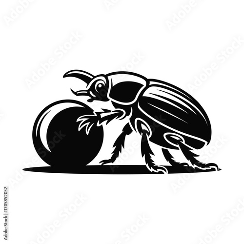 Stylized black silhouette of a dung beetle pushing a large sphere