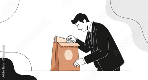 Businessman Inspects Lunch Within Brown Paper Bag In Monochrome Illustration Style