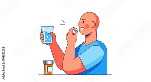 Illustration of a Man Taking a Pill with Water.