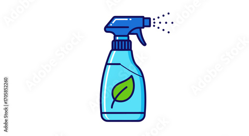 Blue Spray Bottle with Green Leaf Icon Dispensing Liquid.