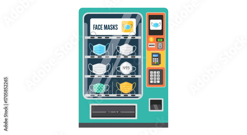 Vending Machine Dispensing Face Masks with Colorful Designs and a Digital Display.