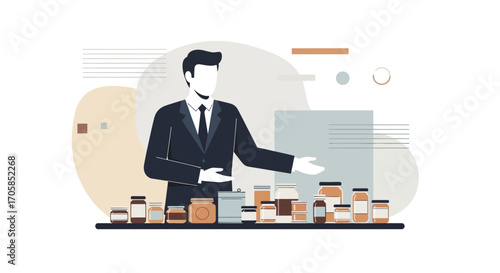 Businessman Presenting Food Jars, Concepts For Organic Preserved Goods, Business Presentation