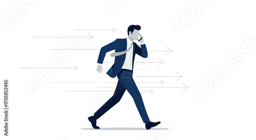 Businessman Talking on a Phone and Rushing Forward With Arrow Vectors, Efficiency Concept.