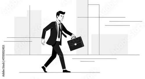 Businessman Walking with Briefcase in Monochrome Cityscape Vector Illustration