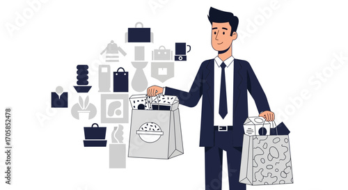 Businessman With Shopping Bags And Illustrated Purchase Icons Modern Flat Design
