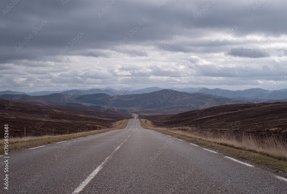 Naklejka premium Grey asphalt road extends toward distant hills under a cloudy sky, bordered by dry grasses and rolling terrain, perspective narrowing to horizon