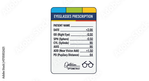 Optometry Eyeglasses Prescription Form with Patient Eye Test Details.