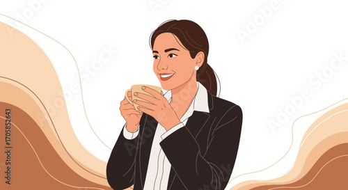 Businesswoman Enjoying Coffee Break Smiling With A Happy, Relaxed Expression In The Workplace