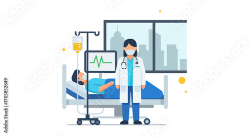 Medical Professional Attending Patient in Hospital Room with Equipment.