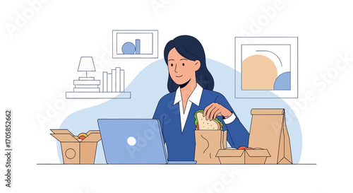 Businesswoman Eating Lunch While Working At Her Laptop, Delivery Food, Modern Illustration