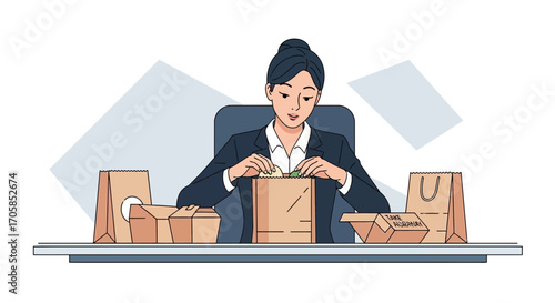 Businesswoman Examining Takeout Order at Her Desk, Enjoying Lunch Break with Cuisine