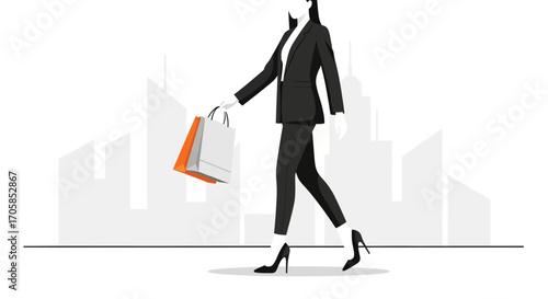Businesswoman With Shopping Bags Strolling Downtown In Monochrome Illustration