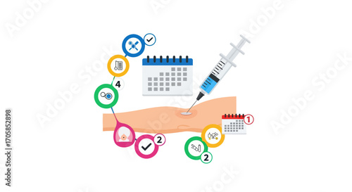 Vaccination Process Illustration: Syringe Injecting Arm with Calendar and Steps.