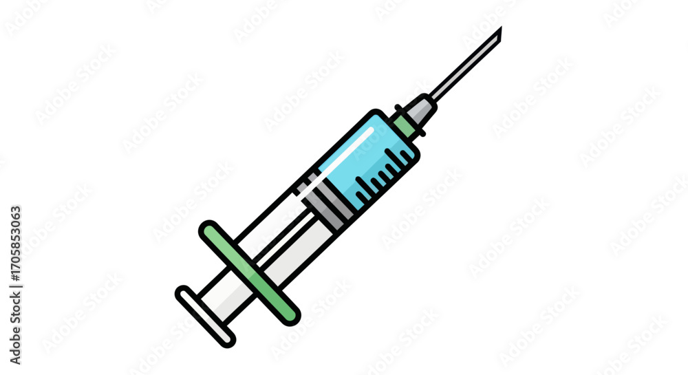 Fototapeta premium Simple cartoon medical syringe illustration with blue liquid and needle.