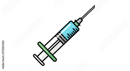 Simple cartoon medical syringe illustration with blue liquid and needle.