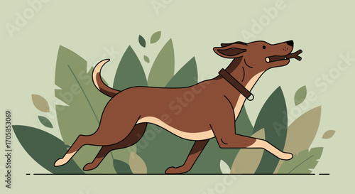Cheerful Dog Running Joyfully Through Foliage Holding a Stick in His Mouth
