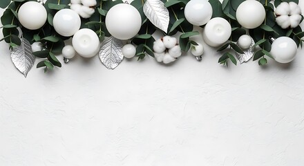 Elegant Christmas border of white ornaments, eucalyptus, and cotton flowers on a light gray background.