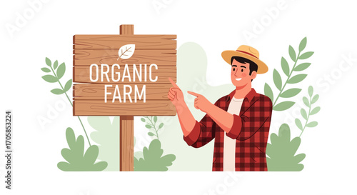 Cheerful Farmer Directing To Organic Farm Sign With Fresh Greenery And Nature Around It