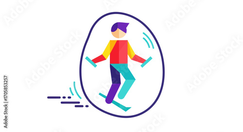 Colorful Flat Design Illustration of Person Jumping Rope Inside Oval Shape.