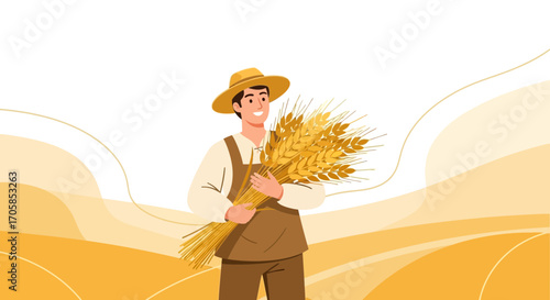 Cheerful Farmer Harvesting Wheat crop Represents a Bountiful Harvest Season Successfully