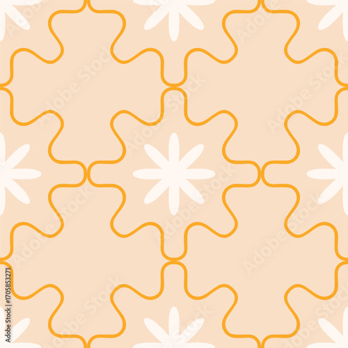 Seamless floral pattern with abstract star-shaped flowers, connected by geometric lines. Modern decorative design, perfect for textile prints, wallpapers, wrapping paper, stationery, digital prints