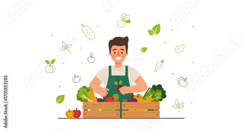 Cheerful Farmer Showcasing Fresh Harvest Vegetables in Wooden Crates for Sale