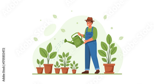 Cheerful Gardener Nurturing Plants with Water, Cultivating a Thriving and Green Environment