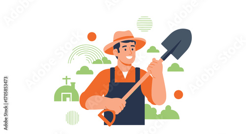 Cheerful Gardener Holding Shovel Ready To Work In A Fresh and Lovely Garden
